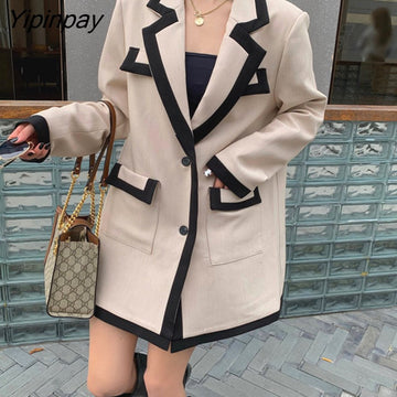 Yipinpay Women suits Patchwork suit coat Loose Long Elegant ladies overcoat Casual female suit 2023 HOT women jacket